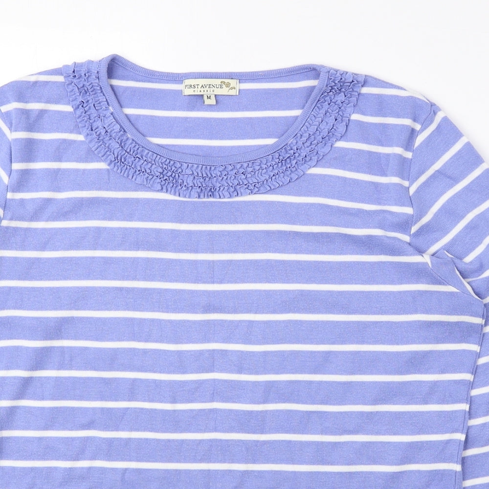 First Avenue Womens Blue Striped Polyester Basic Blouse Size M Round Neck