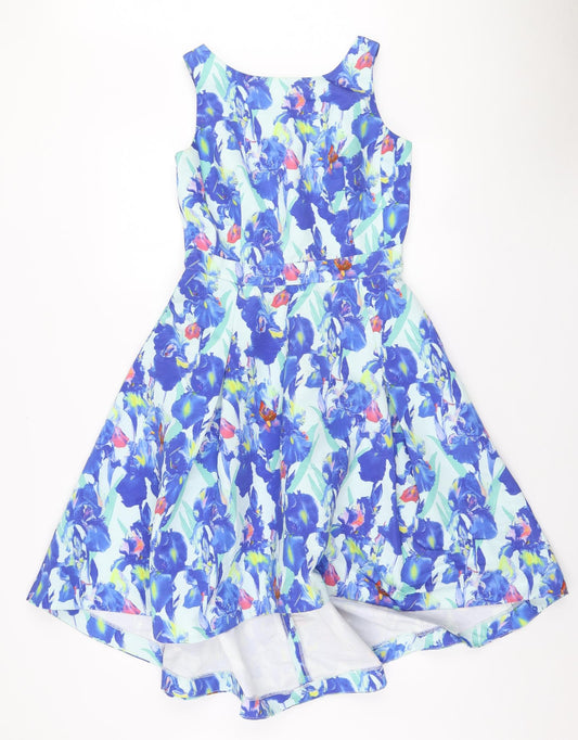 befree Fashion Womens Blue Floral Polyester Skater Dress Size S V-Neck Zip