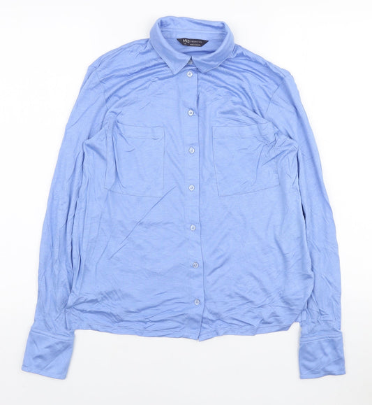Marks and Spencer Womens Blue Viscose Basic Button-Up Size 8 Collared