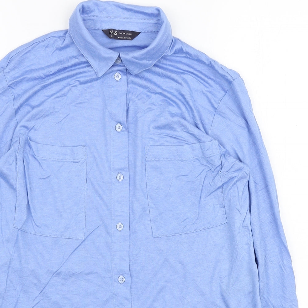 Marks and Spencer Womens Blue Viscose Basic Button-Up Size 8 Collared