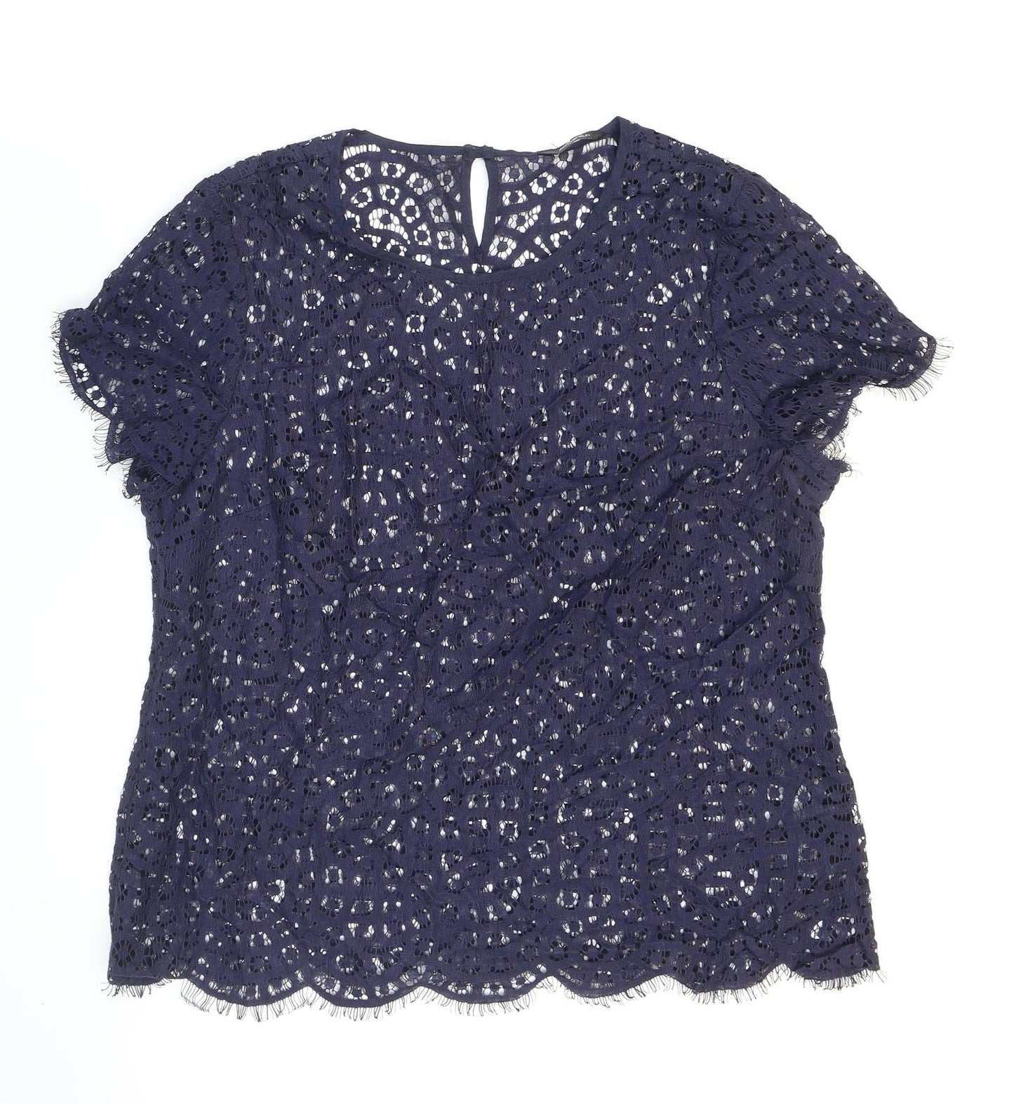 Marks and Spencer Womens Blue Geometric Cotton Basic Blouse Size 12 Round Neck - See-through. Lace