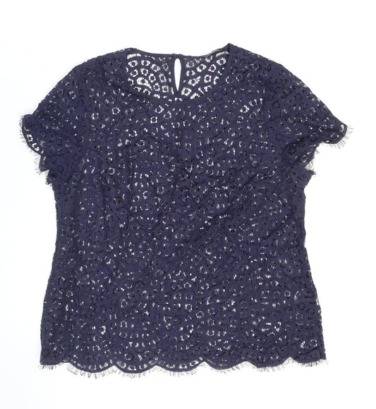 Marks and Spencer Womens Blue Geometric Cotton Basic Blouse Size 12 Round Neck - See-through. Lace