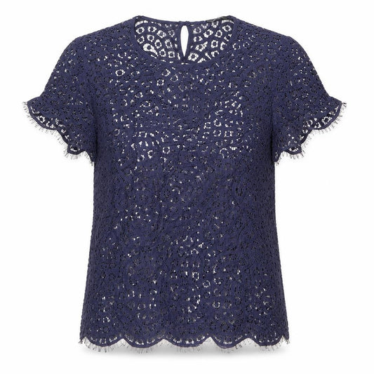 Marks and Spencer Womens Blue Geometric Cotton Basic Blouse Size 12 Round Neck - See-through. Lace