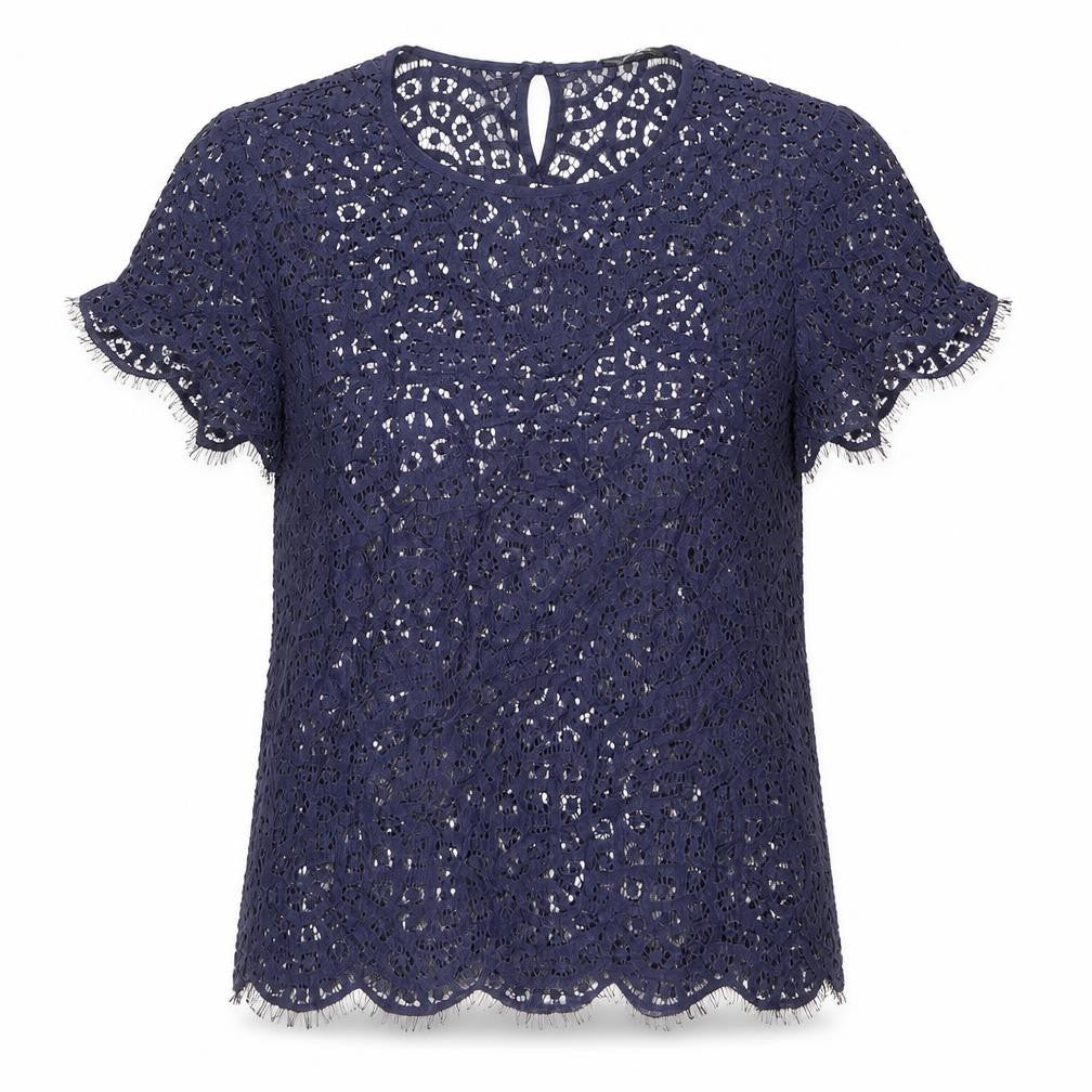Marks & Spencer Womens Blue Geometric Cotton Basic Blouse Size 12 Round Neck - See-through. Lace