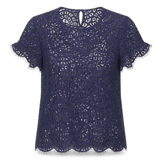 Marks and Spencer Womens Blue Geometric Cotton Basic Blouse Size 12 Round Neck - See-through. Lace