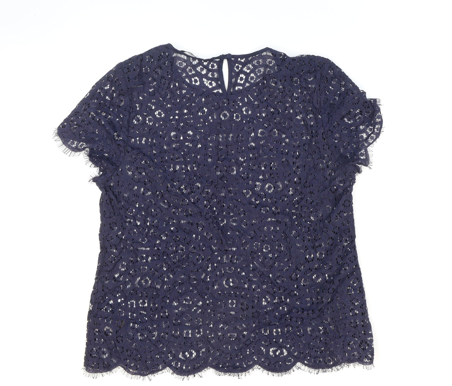 Marks and Spencer Womens Blue Geometric Cotton Basic Blouse Size 12 Round Neck - See-through. Lace