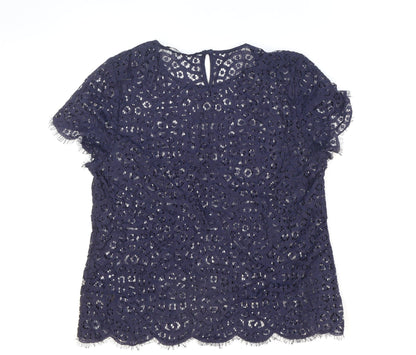 Marks & Spencer Womens Blue Geometric Cotton Basic Blouse Size 12 Round Neck - See-through. Lace