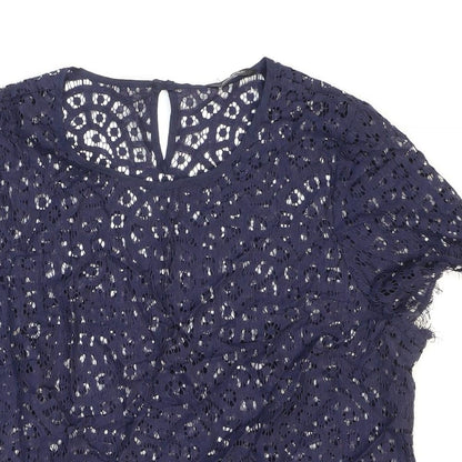 Marks & Spencer Womens Blue Geometric Cotton Basic Blouse Size 12 Round Neck - See-through. Lace