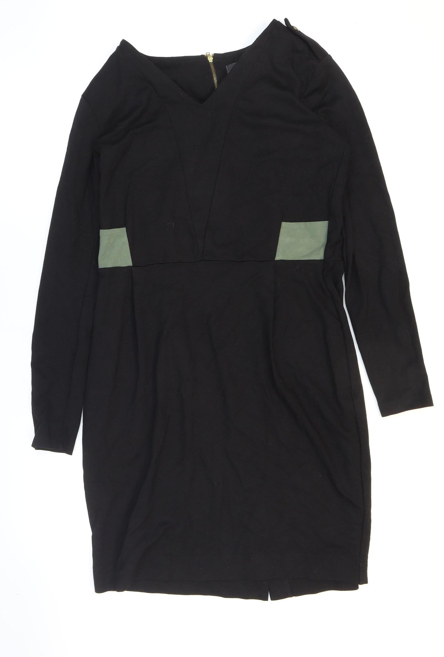Limited Collection Womens Black Viscose Pencil Dress Size 14 V-Neck Zip - Slit.
