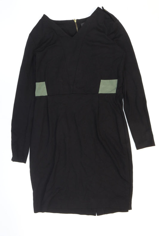 Limited Collection Womens Black Viscose Pencil Dress Size 14 V-Neck Zip - Slit.