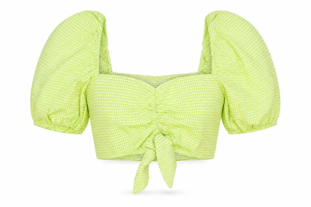Zara Womens Green Check Cotton Cropped Blouse Size 6 Sweetheart - Ruched Tie Front