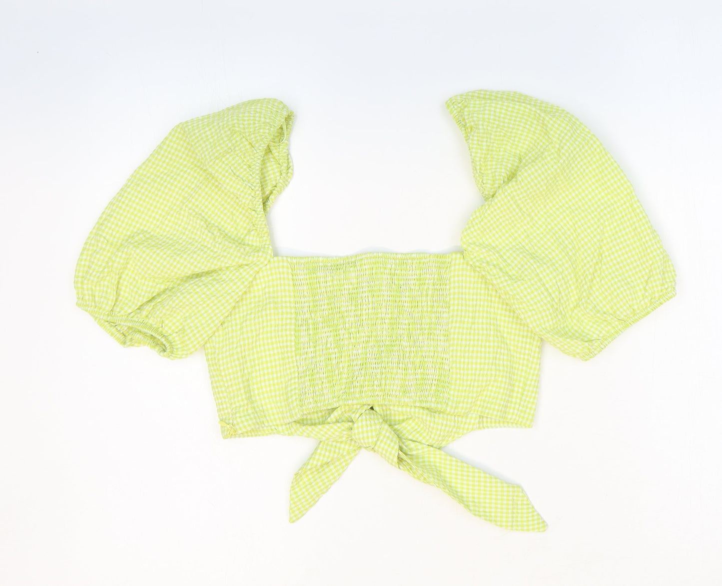 Zara Womens Green Check Cotton Cropped Blouse Size 6 Sweetheart - Ruched Tie Front