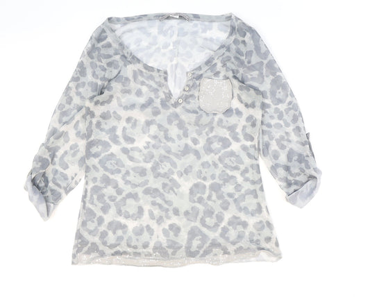 Ashley Brooke Womens Grey Animal Print Polyester Basic Blouse Size 8 V-Neck - Leopard Print