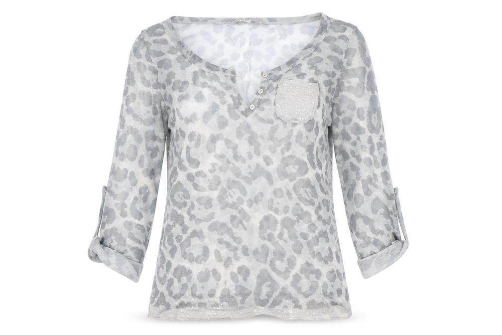 Ashley Brooke Womens Grey Animal Print Polyester Basic Blouse Size 8 V-Neck - Leopard Print