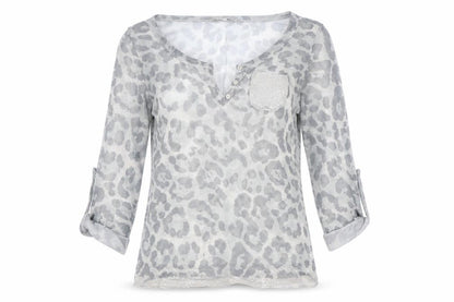 Ashley Brooke Womens Grey Animal Print Polyester Basic Blouse Size 8 V-Neck - Leopard Print