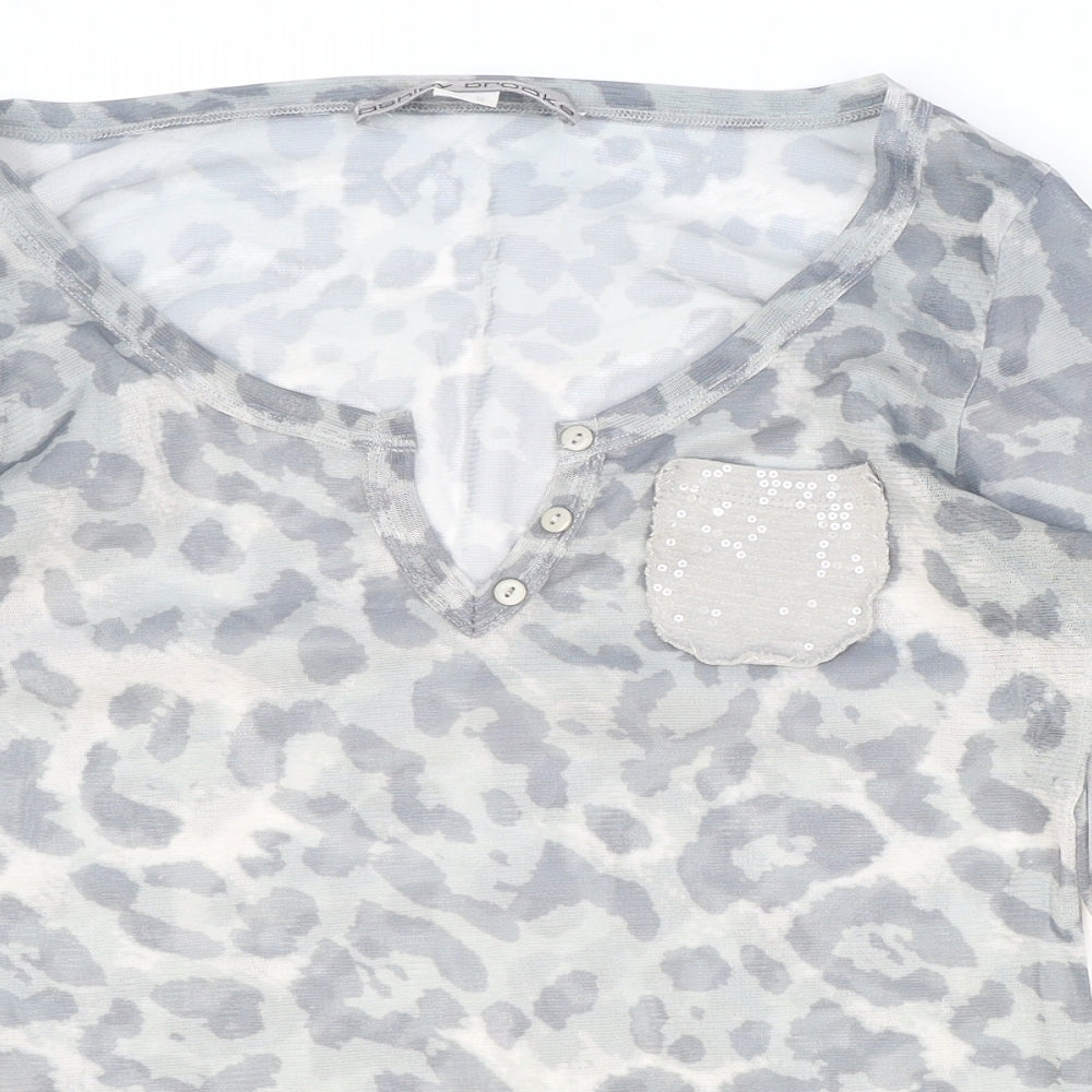 Ashley Brooke Womens Grey Animal Print Polyester Basic Blouse Size 8 V-Neck - Leopard Print