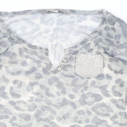 Ashley Brooke Womens Grey Animal Print Polyester Basic Blouse Size 8 V-Neck - Leopard Print