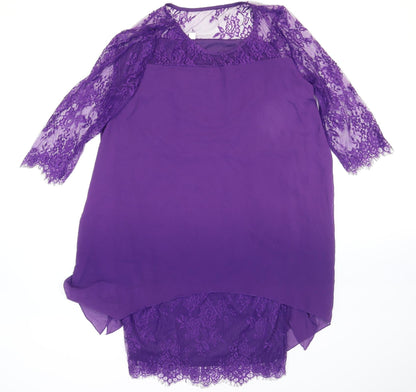 Womens Purple Polyester Shift Size L Round Neck Pullover - Layered Lace