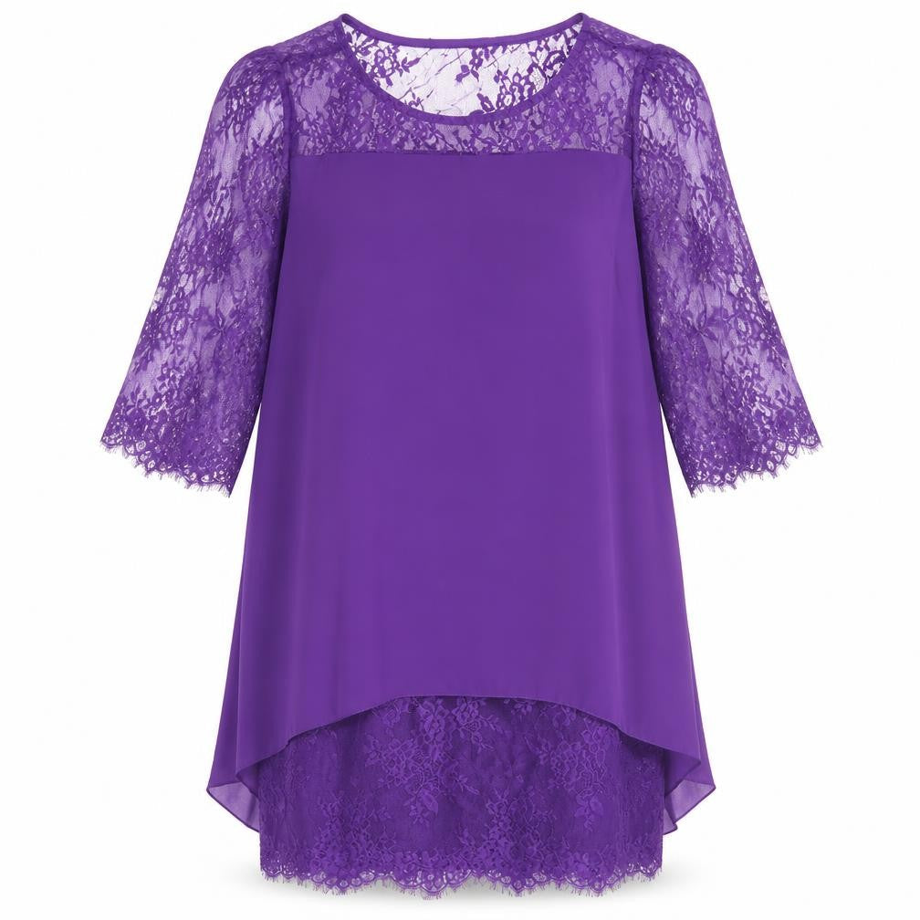 Preworn Womens Purple Polyester Shift Size L Round Neck Pullover - Layered Lace