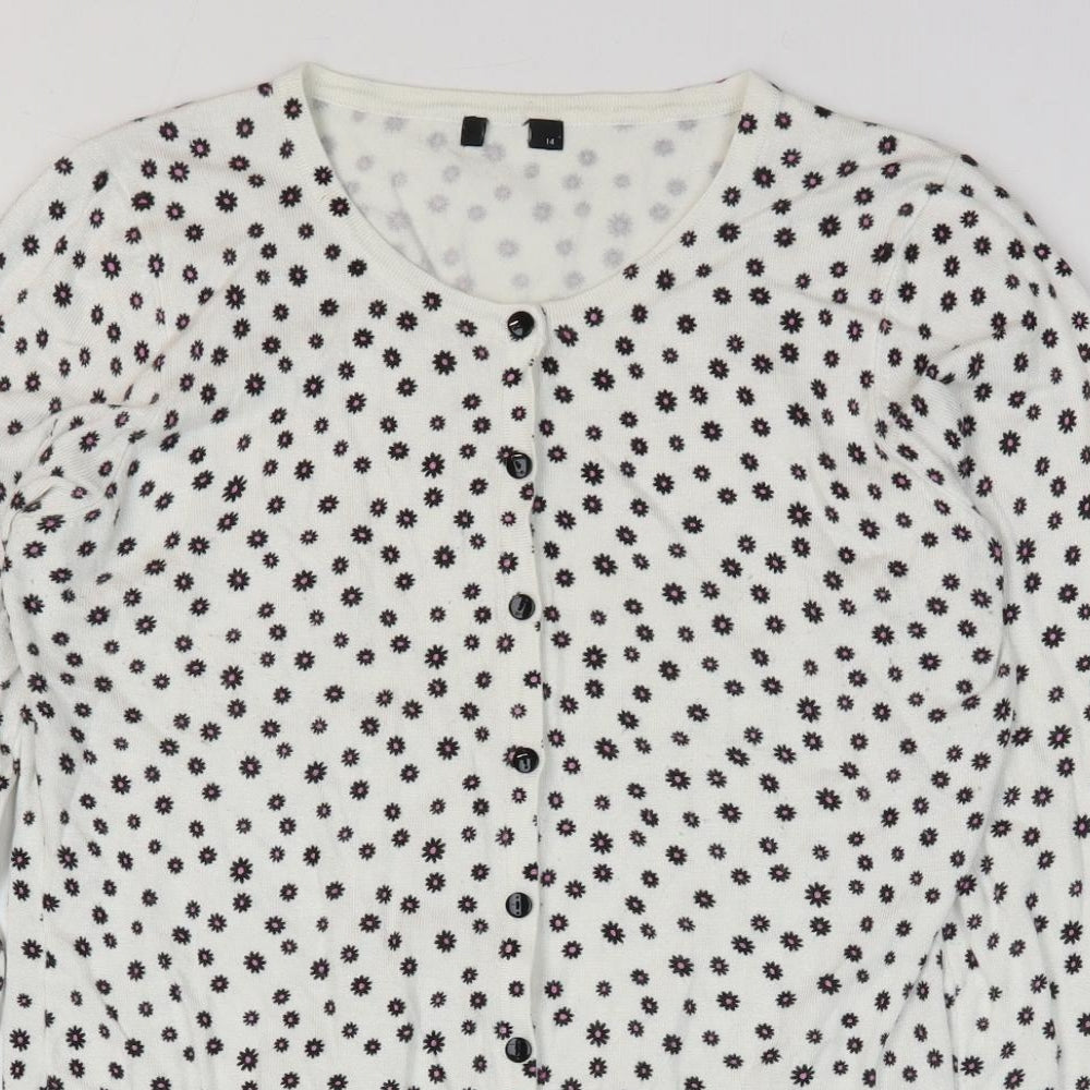 M&Co Womens White Round Neck Floral Viscose Cardigan Jumper Size 14