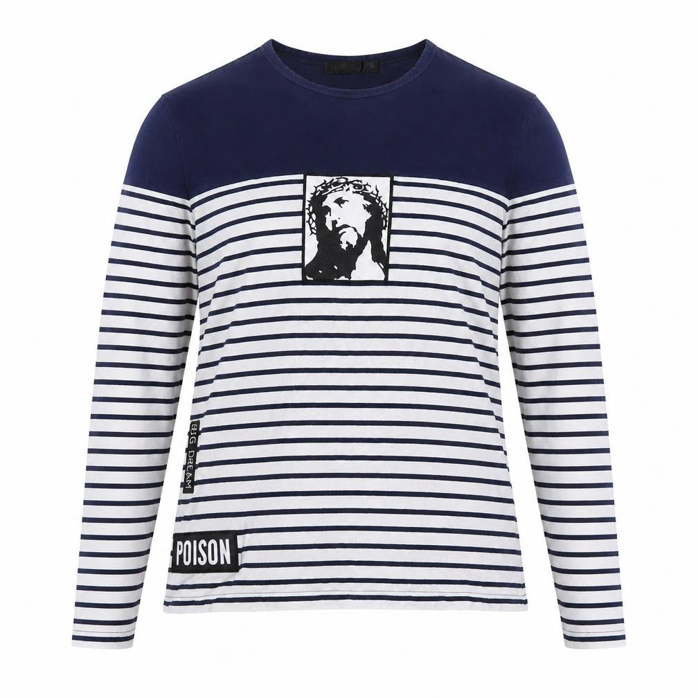 Ms Di Long Womens Blue Striped Cotton Basic T-Shirt Size L Round Neck