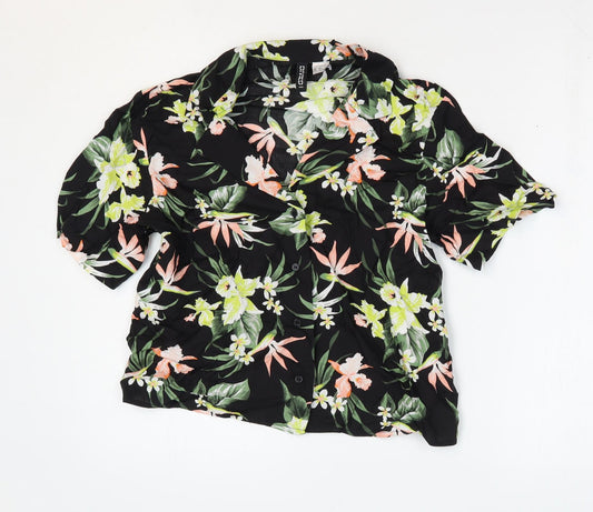 Divided by H&M Womens Black Floral Viscose Cropped Button-Up Size 4 Collared - Box Fit Shirt