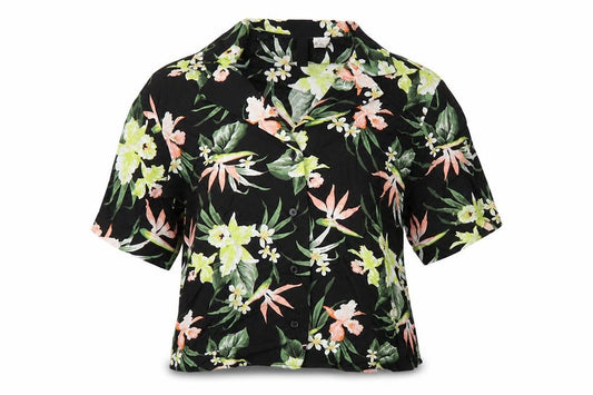 Divided by H&M Womens Black Floral Viscose Cropped Button-Up Size 4 Collared - Box Fit Shirt