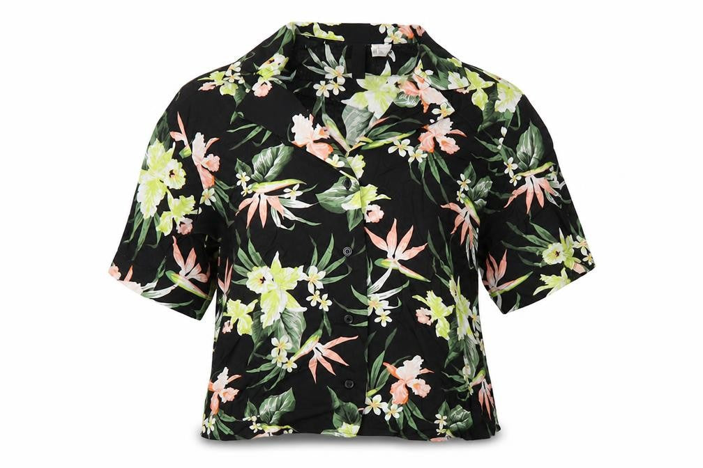 Divided by H&M Womens Black Floral Viscose Cropped Button-Up Size 4 Collared - Box Fit Shirt