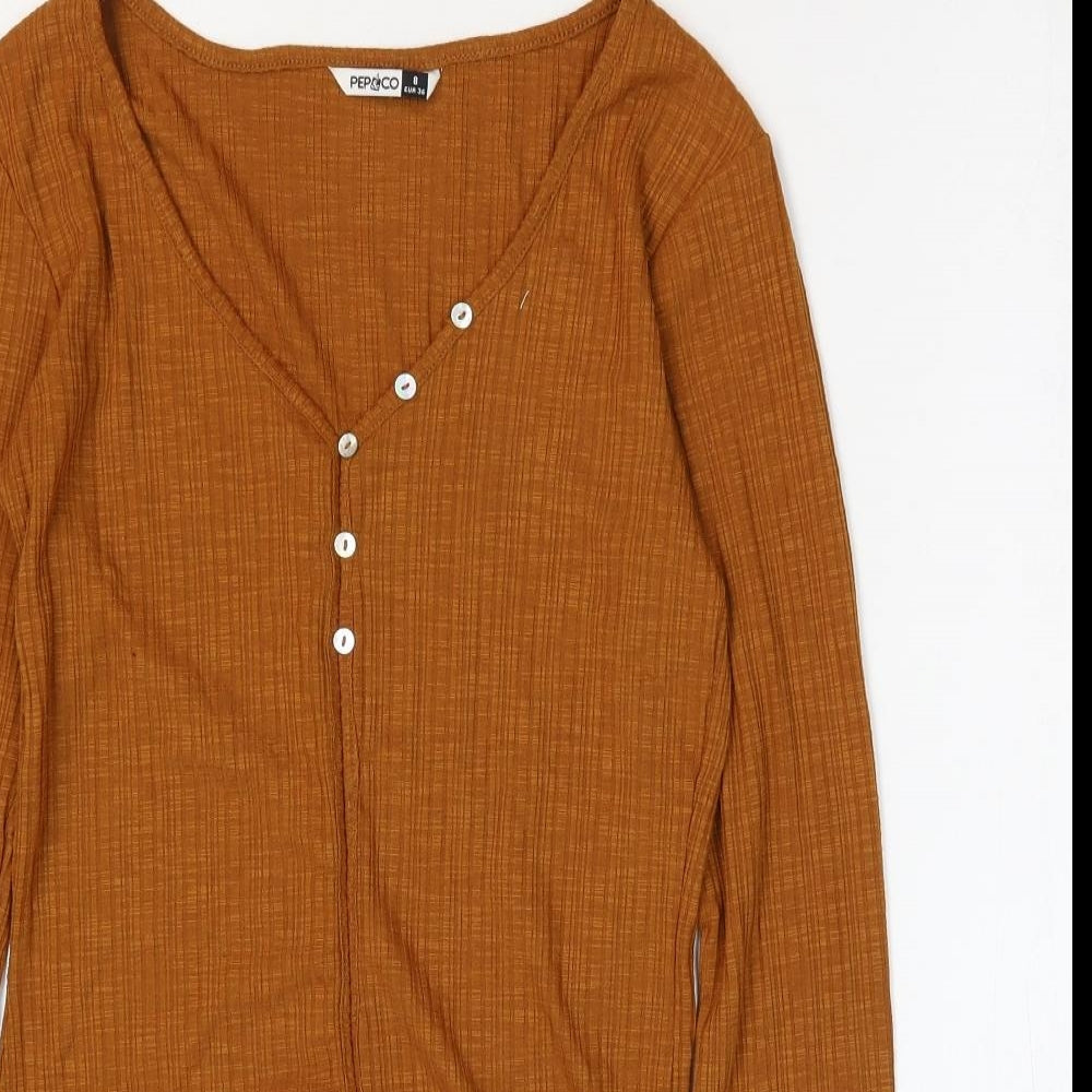 PEP&Co Womens Brown Polyester Basic Blouse Size 8 V-Neck