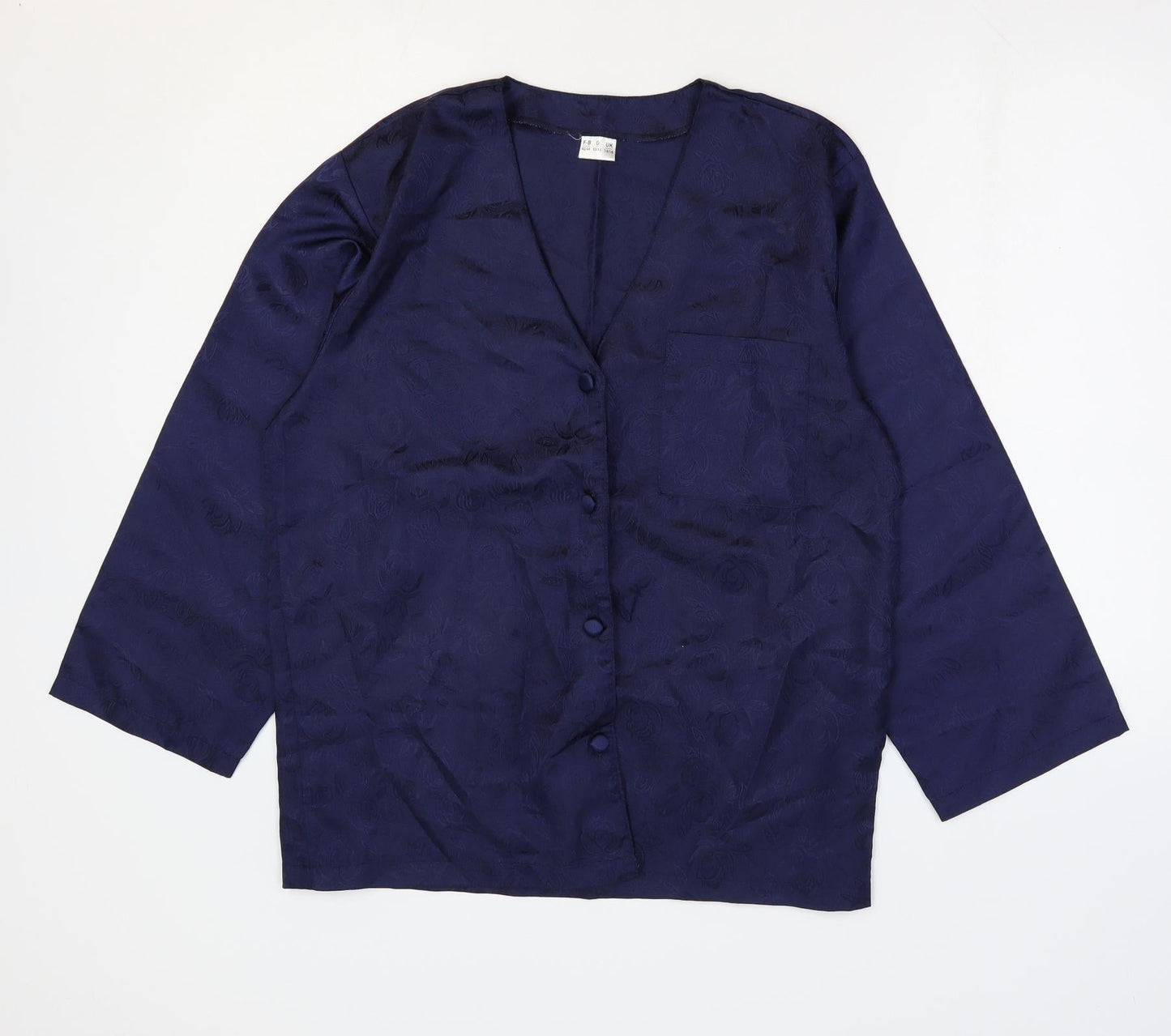 Preworn Womens Blue Floral Polyester Basic Button-Up Size 14 V-Neck