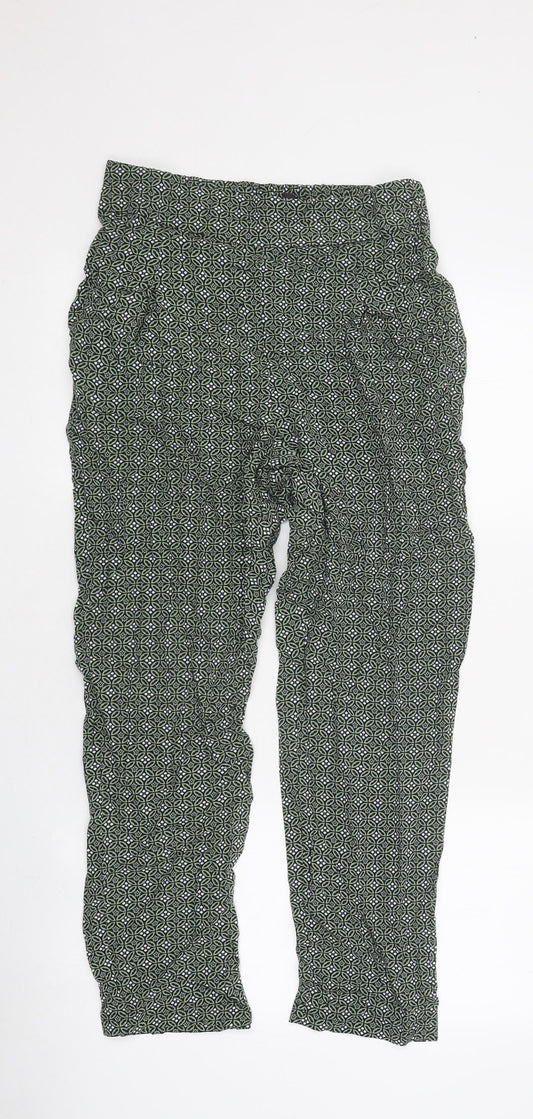 Marks and Spencer Womens Green Geometric Polyester Trousers Size 8 L26 in Regular