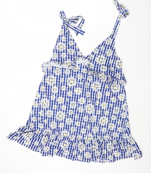 ASOS Womens Blue Geometric Polyester Pinafore/Dungaree Dress Size 12 V-Neck Tie