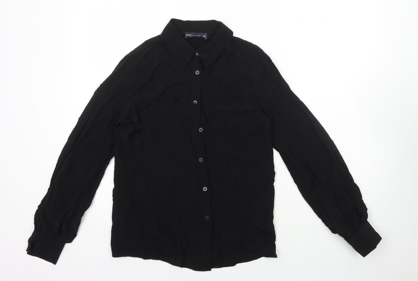 Marks and Spencer Womens Black Viscose Basic Button-Up Size 6 Collared