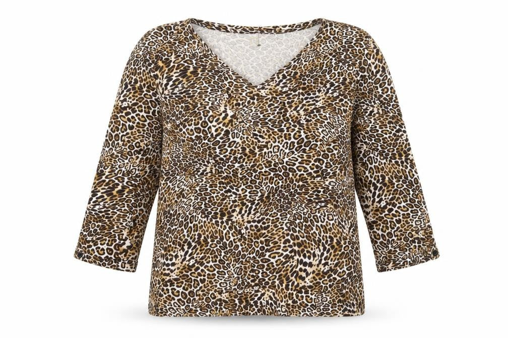 Anne Klein Womens Brown Animal Print Polyester Basic T-Shirt Size L V-Neck