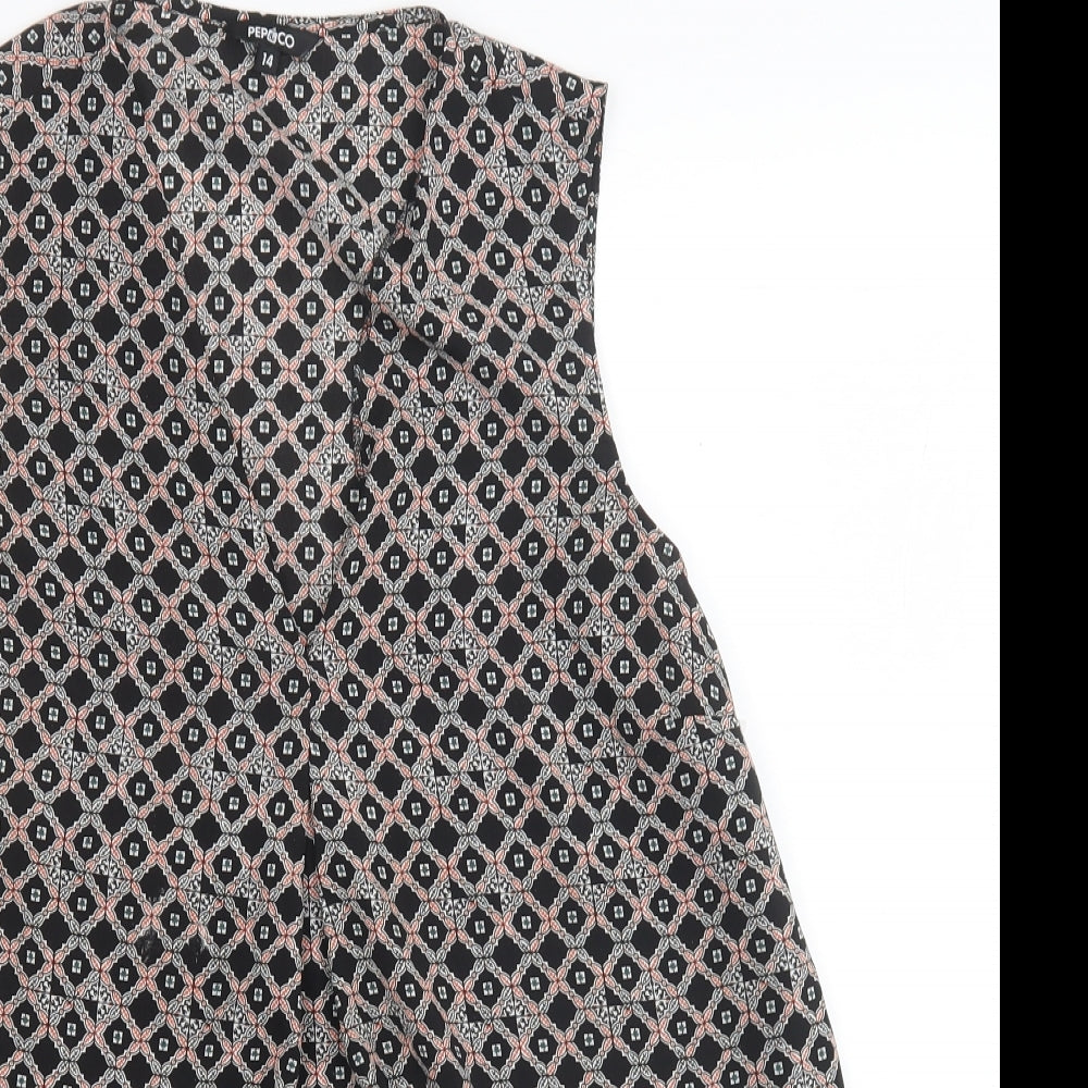 PEP&CO Womens Black Geometric Polyester Basic Blouse Size 14 V-Neck