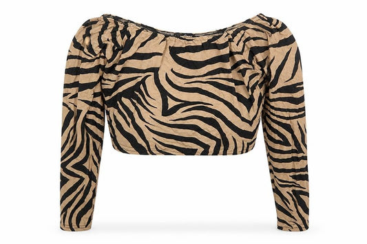 I SAW IT FIRST Womens Brown Animal Print Viscose Cropped Blouse Size 12 Off the Shoulder - Zebra Print