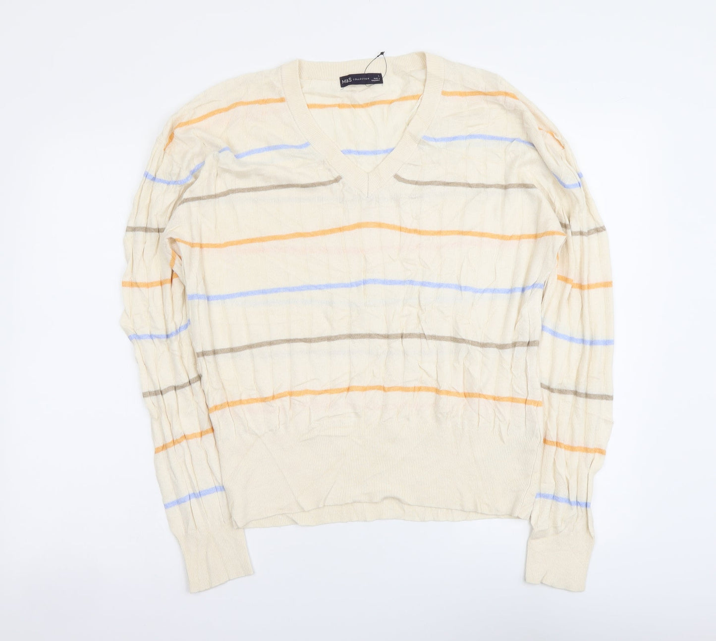 Marks and Spencer Womens Beige V-Neck Striped Viscose Pullover Jumper Size L