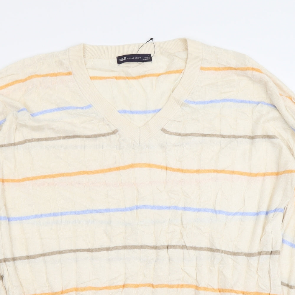 Marks and Spencer Womens Beige V-Neck Striped Viscose Pullover Jumper Size L