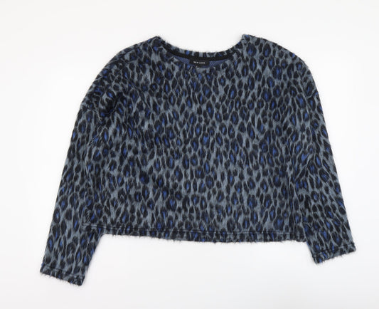 New Look Womens Blue Animal Print Acrylic Basic Blouse Size L Round Neck - Leopard pattern
