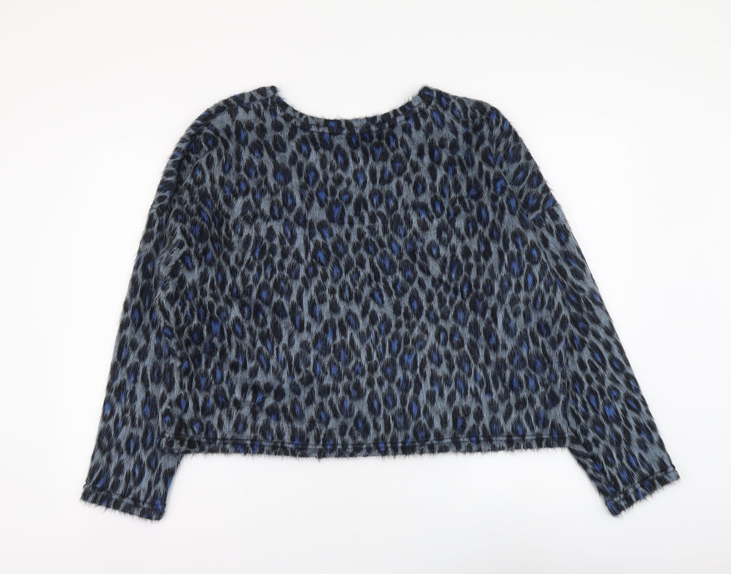 New Look Womens Blue Animal Print Acrylic Basic Blouse Size L Round Neck - Leopard pattern
