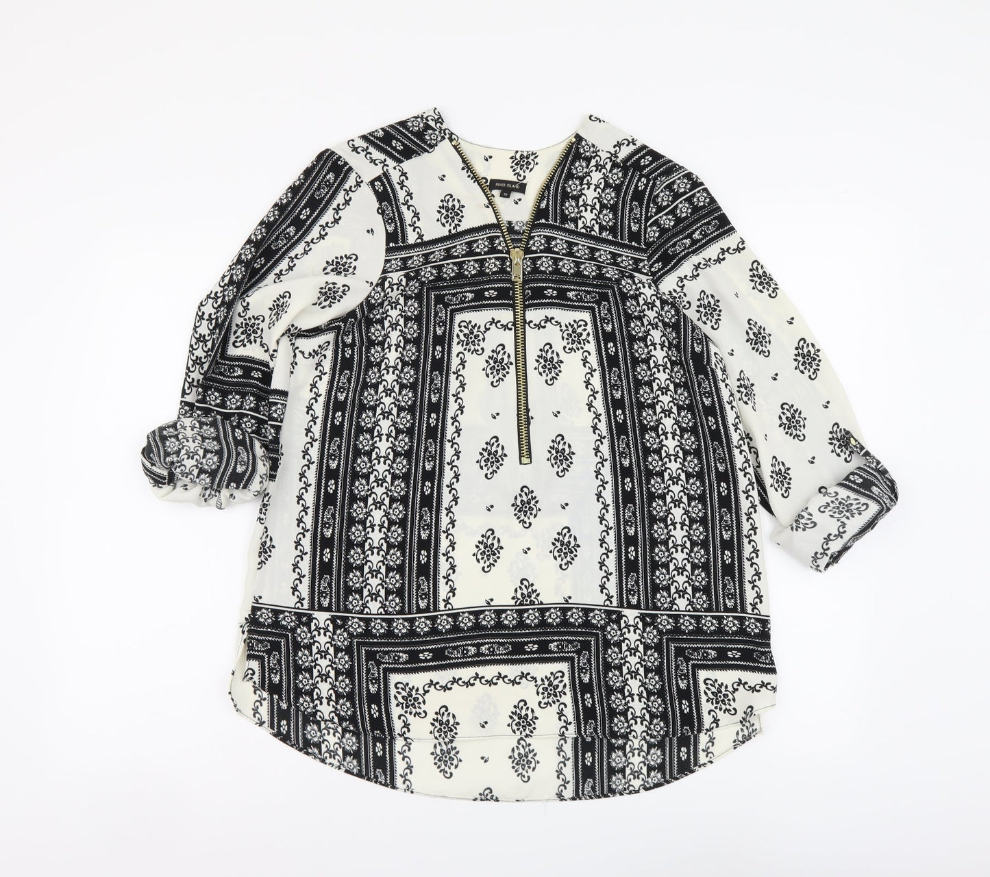 River Island Womens Black Geometric Polyester Basic Blouse Size 10 V-Neck