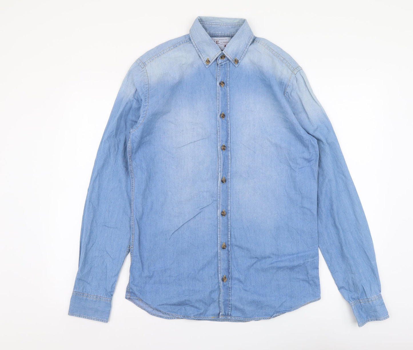 Mango Mens Blue Cotton Button-Up Size S Collared Button