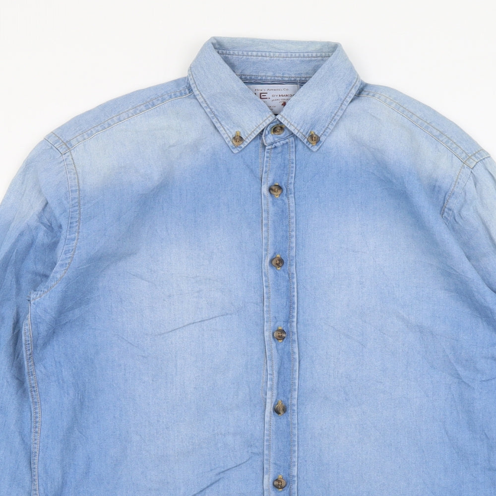 Mango Mens Blue Cotton Button-Up Size S Collared Button