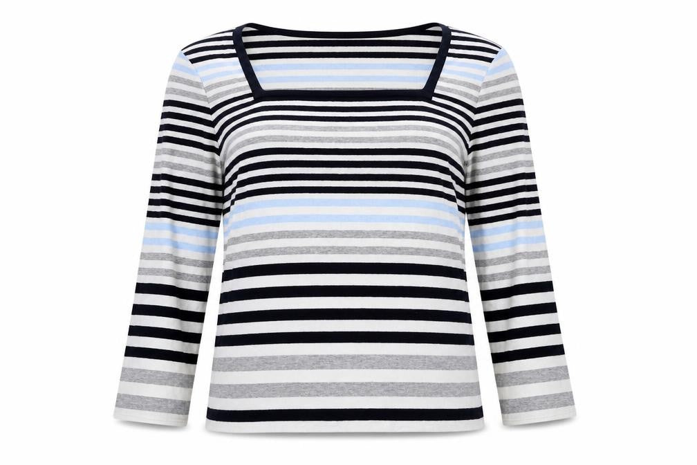 Country Casuals Womens Blue Striped 100% Cotton Basic Blouse Size M Square Neck