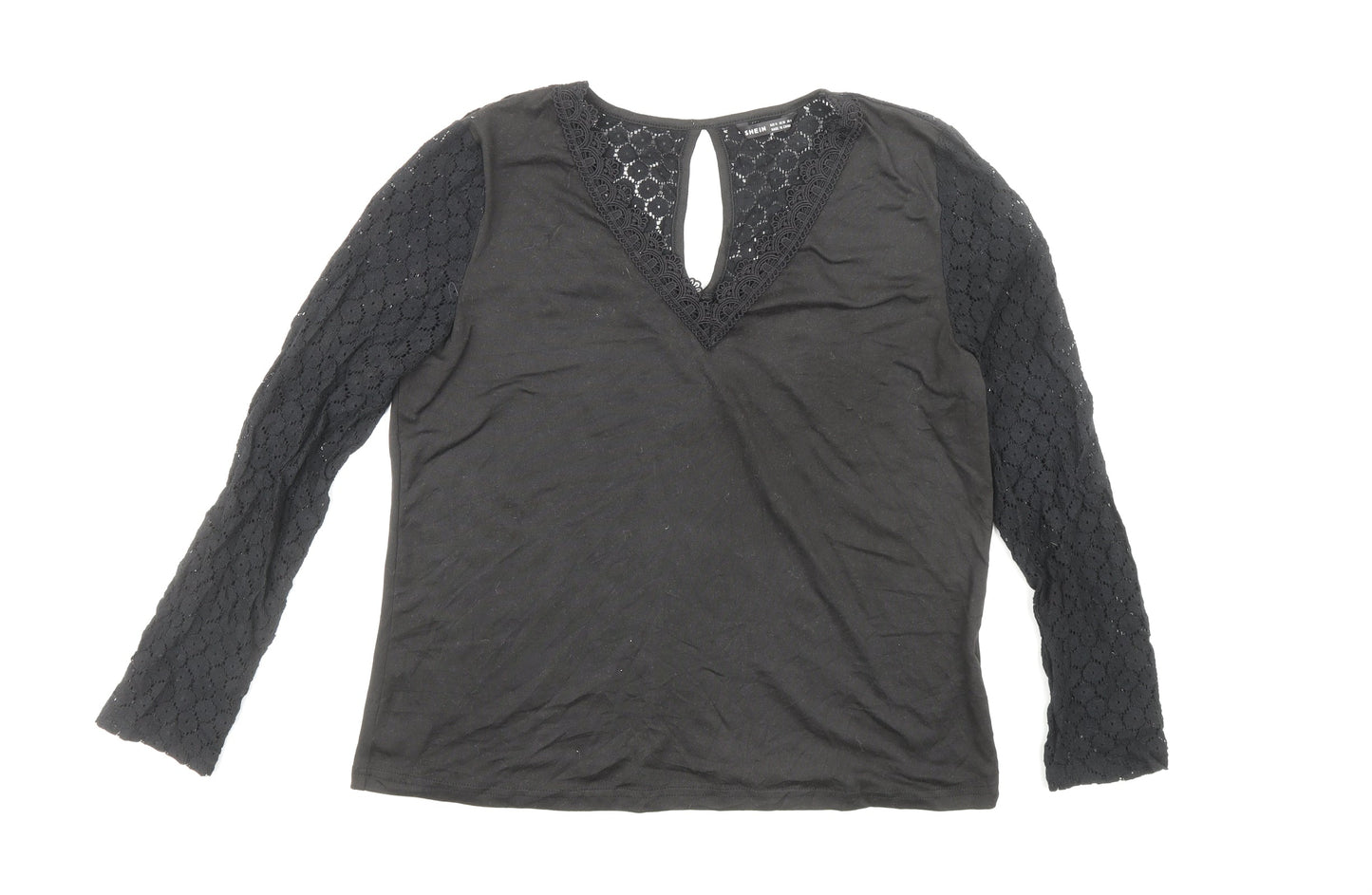 Shien Womens Black Polyester Basic Blouse Size M V-Neck - Lace Detail