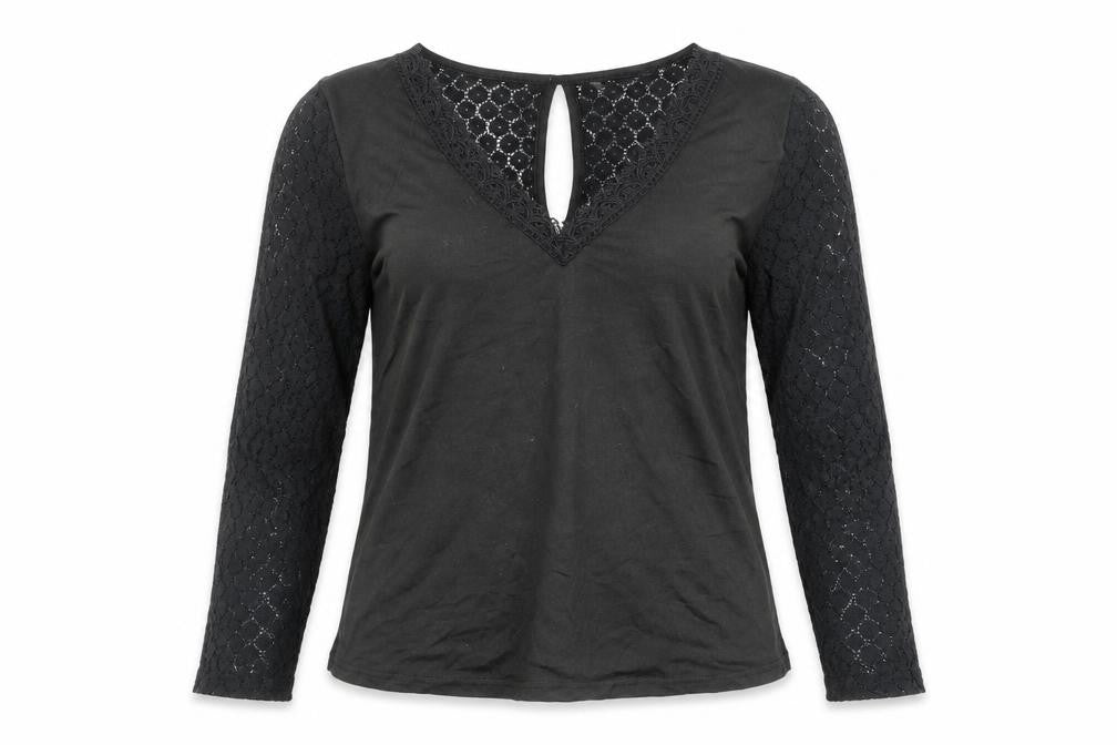 Shien Womens Black Polyester Basic Blouse Size M V-Neck - Lace Detail