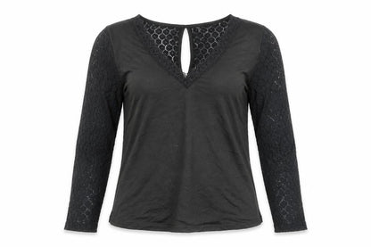 SHEIN Shien Womens Black Polyester Basic Blouse Size M V-Neck - Lace Detail