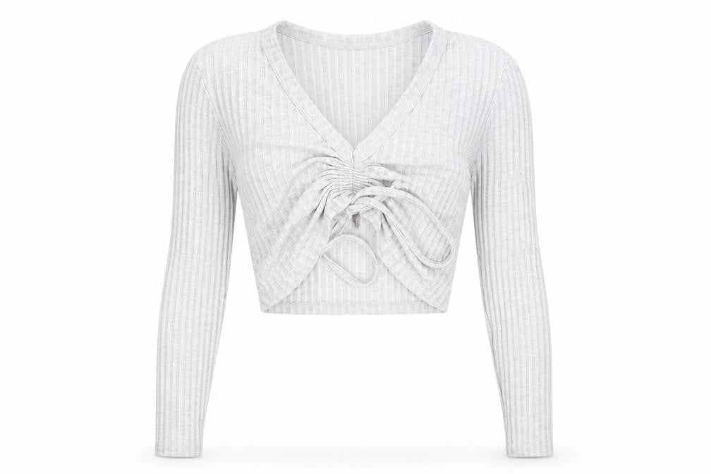 Stylewise Womens Grey V-Neck Polyester Pullover Jumper Size S - Ribbed fabric Ruched