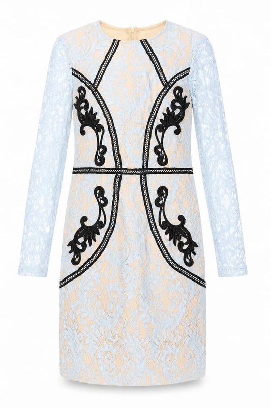 PRETTYLITTLETHING Womens Blue Geometric Polyester Pencil Dress Size 8 Round Neck Zip