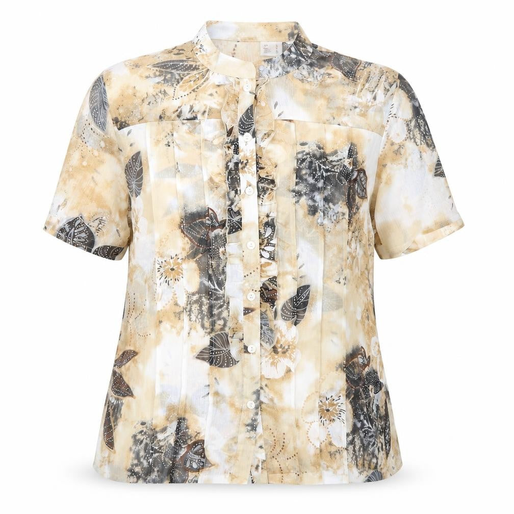 Preworn Womens Beige Floral Polyester Basic Button-Up Size 16 Mock Neck